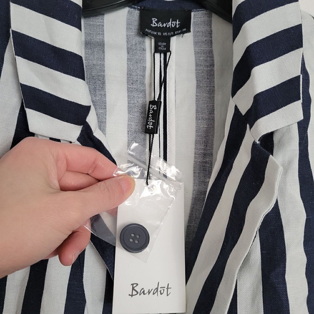 NEW Bardot White Navy Striped Colette Long Sleeve Linen Blazer Jacket Size 6 / S - Picture 8 of 11
